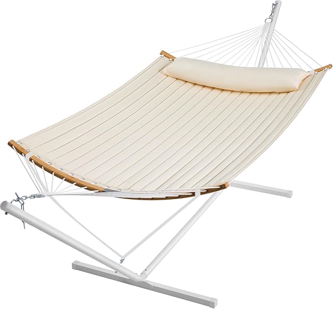 SUPERJARE Hammock with Stand 2 Person Heavy Duty Hammock with Padded Cotton Detachable Pillow &amp Strong Curved-Bar &amp Portable Carrying Bag Perfect for Outdoor &amp Indoor Beige