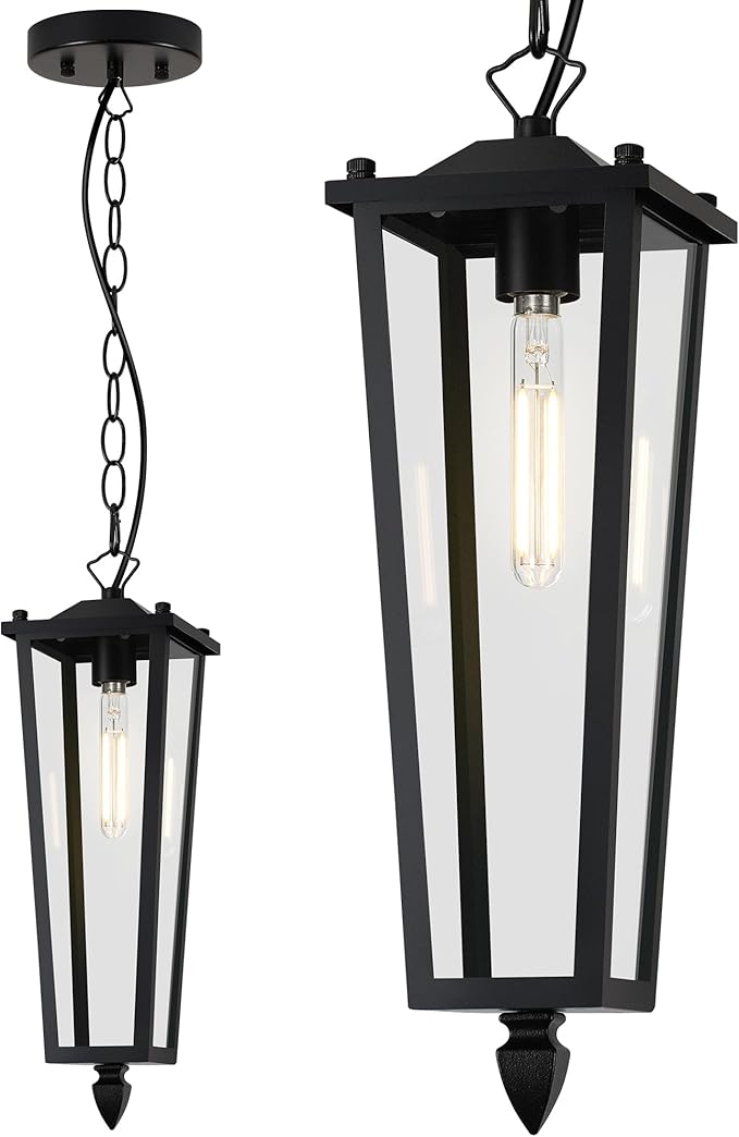 Outdoor Pendant Lights for Porch 16 Black Outdoor Pendant Light with Clear Glass Modern Hanging Porch Lighting Fixtures with Adjustable Chain for Gazebo Foyer OS-OD2615-1HM