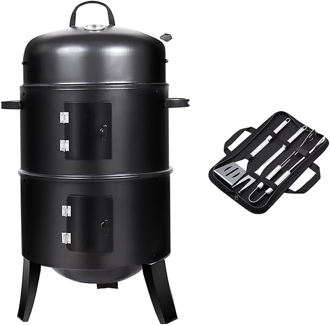 16 inch Vertical Charcoal Smoker Mini BBQ Grill Fire Pit 3-in-1 with Built-in Thermometer Adjustable Air Vent Idea for Parties Backyard Patio Camping