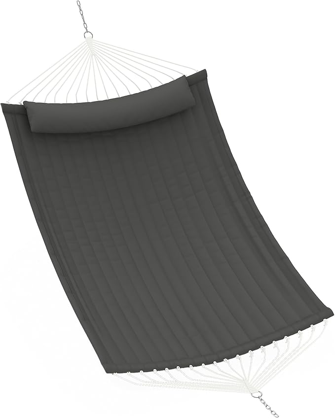 12 FT Double Quilted Fabric Hammock with Spreader Bar &amp Detachable Pillow 450 LBS Capacity 2 Person Hammock Indoor Outdoor for Patio Backyard Poolside Garden