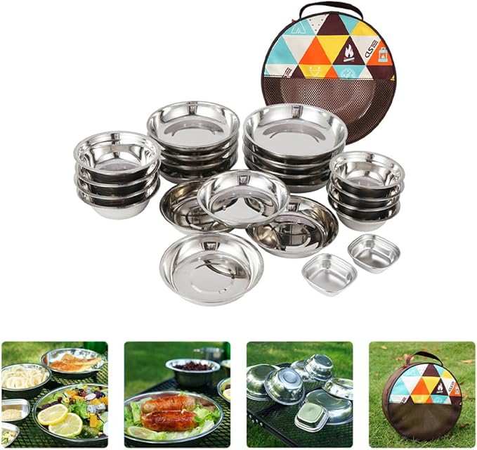 GALPADA Stainless Steel Outdoor Dining with Plates Bowls Cutlery Compact Camping Tableware Kit for Beach BBQ Hiking and Picnic Use