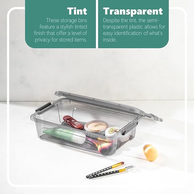 Tribello 12 Pack - 3 Quart Small Storage Container Bin With Lids Plastic Storage Container With Latching Lids For Organizing - Tinted - (8' x 6 x 3) - Made in EU