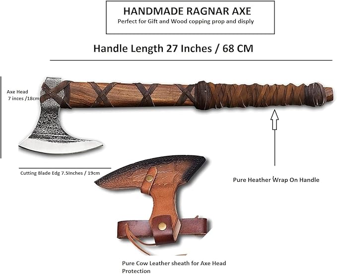 Generic | 27 and 3.5 lbs Custom Handmade Viking Axe of Ragnar Lothbrok Norsmen- Battle and Forest Hunting Hatchet Authentic Viking ax with Sheath Vikings Gifts (Ragnar Lothbrok Axe) Brown