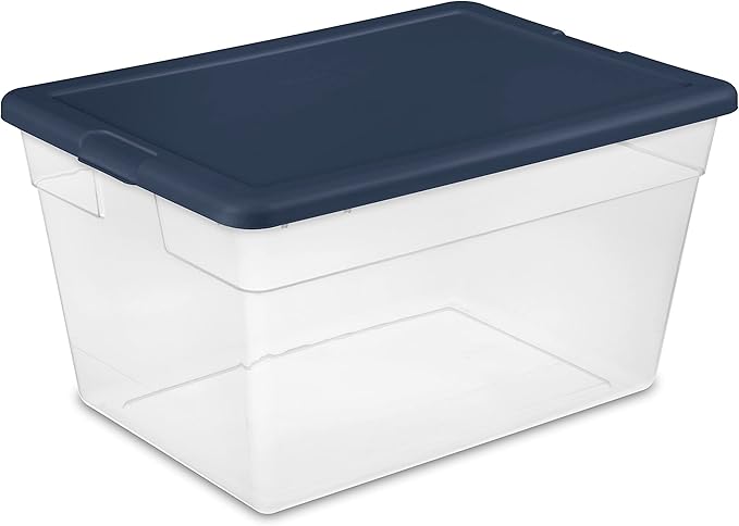 Sterilite Storage Box Clear Plastic Stackable Bin Tote with Lid 56 Quart Marine Blue