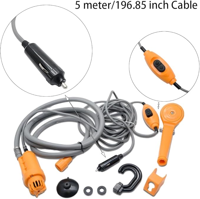 12V Camping Showers with Water Pump Portable Outdoor Shower Kit 5 Meter Cable with Cigarette Lighter Plug Max 7L Water Per Minute for Champing Pet Bath