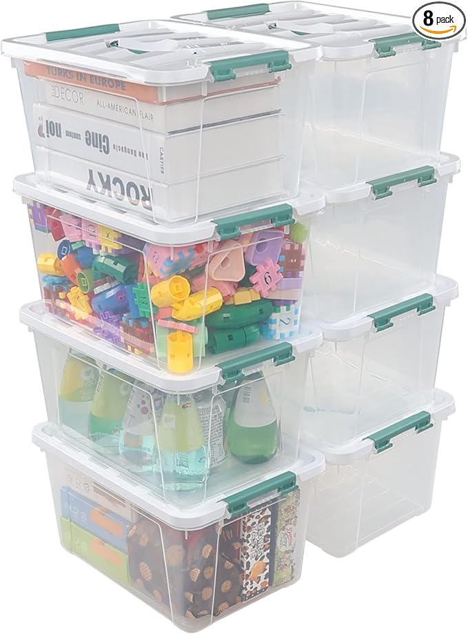 14 Quart Latching Container Box with Handle 8 Pack Plastic Lidded Storage Bin
