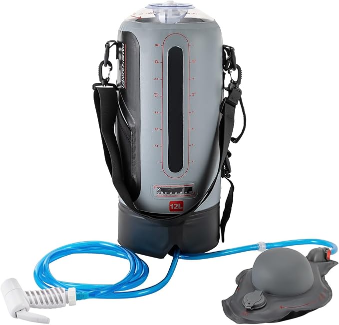 Portable Pressure Outdoor Camping Shower Bag with Air Pump Shower Head Hose12L Solar Absorbing 3-Gallon Water TankDurable and Waterproof Shower Equipment