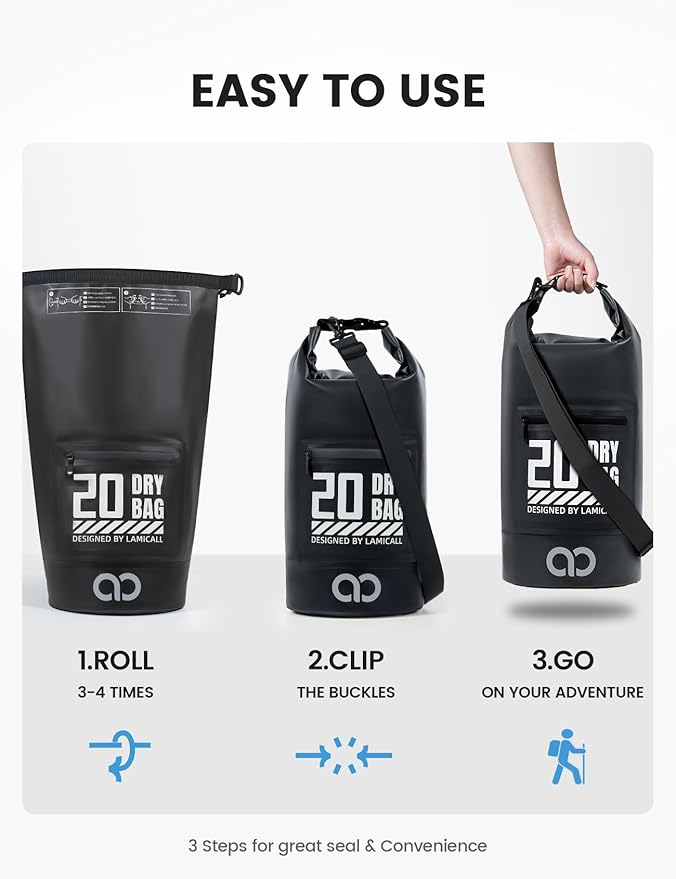 Lamicall 30L &amp 20L Dry Bag Waterproof Backpack - [Zippered Pocket] Roll Top Waterproof Bag Blueish Gray &amp Black