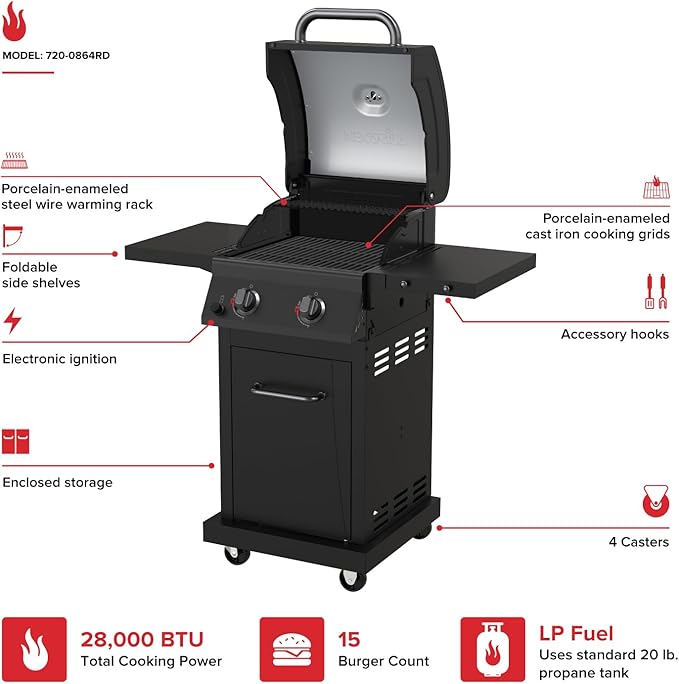 Nexgrill Deluxe 2-Burner Gas Grill with 401 SQ In Grate 28000 BTUs Heavy Duty Steel Frame &amp Foldable Side Table Propane BBQ Grill for Outdoor Cooking Patios Backyards and More - 720-0864RD