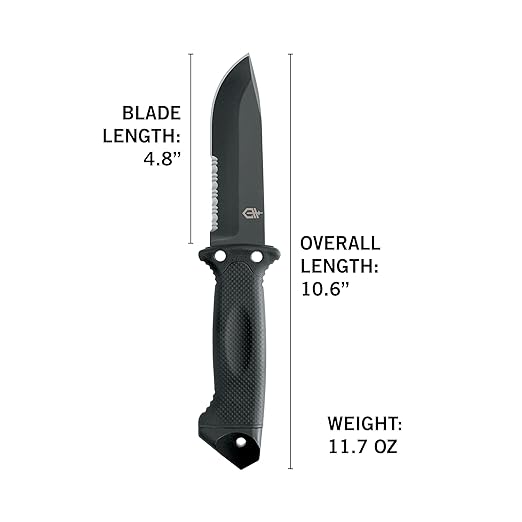 Gerber Gear LMF II Infantry Survival Knife Made in USA Military Grade Tactical Fixed Blade with Serrated Edge Shock Absorbing Handle Molle Sheath and Sharpener Black