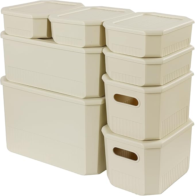 ANMINY 8PCS Plastic Storage Bins Containers with Lids Large Storage Organization Bins Boxes Lidded Plastic Storage Baskets for Closet Shelves Desktop Ivory Lids 1XL + 1L + 2M + 4S
