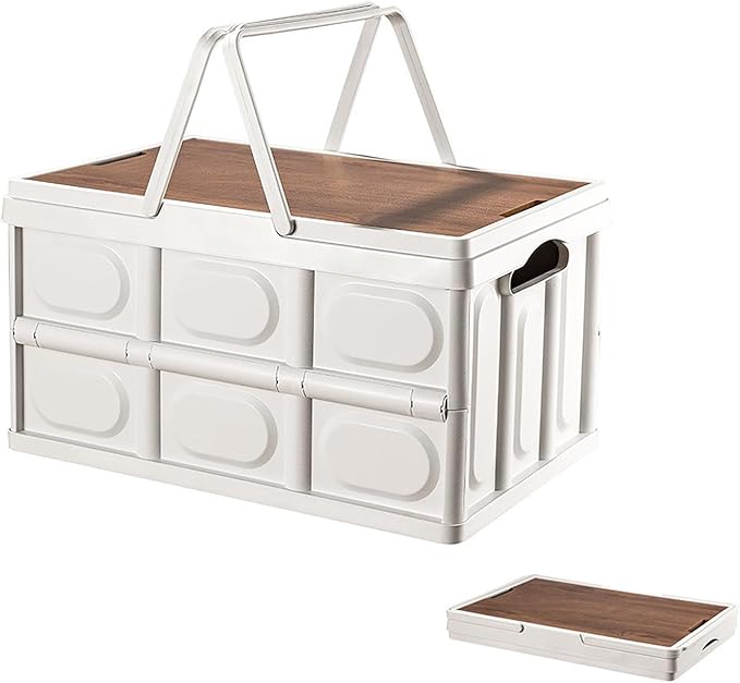 VPTMRP Collapsible Storage Bin with Handles and Wooden Lid Large Capacity Stackable Utility Crates Holds 33lbs for Outdoor Home Storage Organizing Moving (30L/7.9Gal)