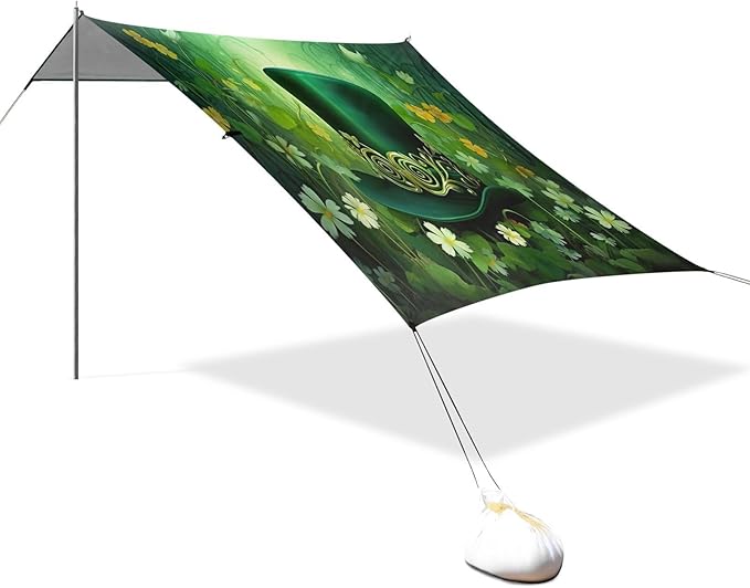 St Patrick's Day Leprechaun Hat Beach Tent Sun Shelter Set UPF50+ UV Protection 10.5 x 9.19 FT Camping Shade Canopy with Sandbags Sand Anchors Carrying Bag and Others