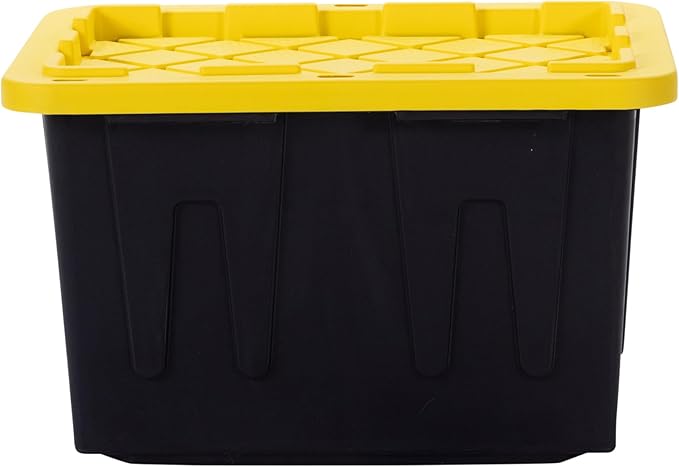 Plastic 23-Gallon Storage Tote with Lockable Lid Stackable Tough Regular-Duty Bin for Garage Tools and Home Organization (2-Pack) - Black and Yellow