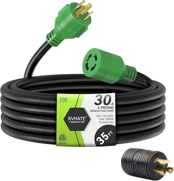 RVMATE 30 Amp Generator Cord 4 Prong 35 Feet NEMA L14-30P/L14-30R 125/250V Up to 7500W 10 Gauge SJTW Generator Extension Cord ETL Listed