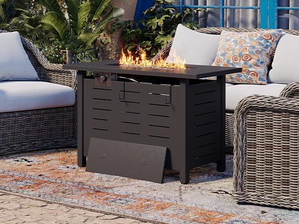 Aoxun 40 Inch Outdoor Propane Fire Pit - 50000 BTU Gas Fire Pit Table with Lava Rocks Patio Heater Rectangle Fire Table with Removable Lid &amp Waterproof Cover for Deck Backyard Garden Black