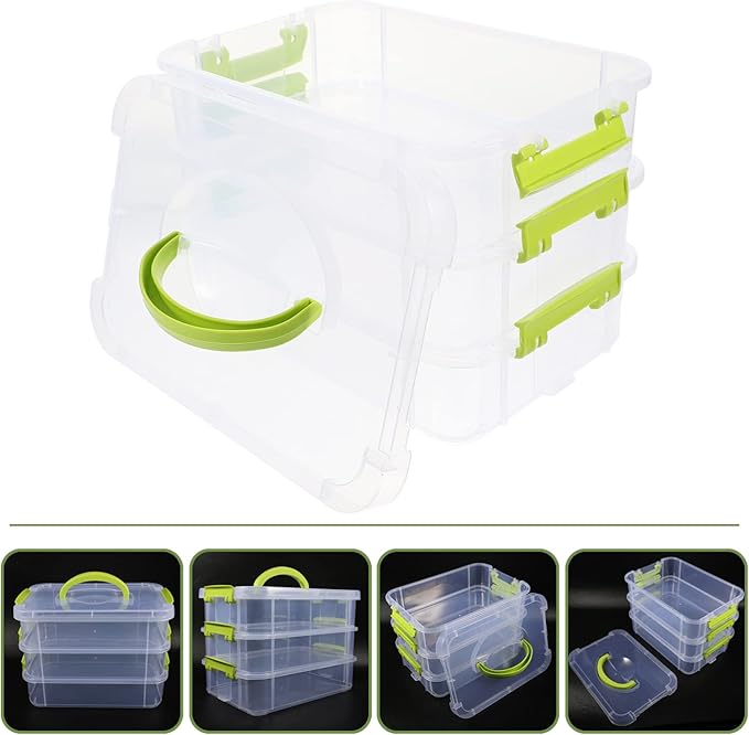 3-Tier Stackable Storage Container Box Handled Organizer Storage Box Stackable Carry Box with Removable Tray Transparent Storage Case Stack Carry Storage Box