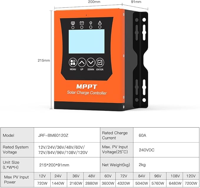60a Mppt Solar Charge Controller 12V/24V/48v/60V/96V/120VSolar Panel Controller for Lifepo4/Lithium/Gel/Rv Battery (Max Input 240V60amp)
