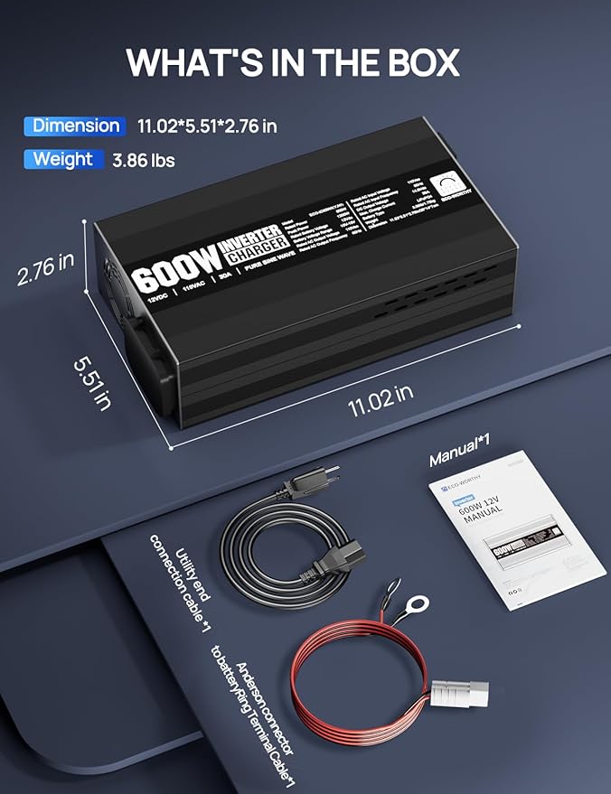 ECO-WORTHY 600W Inverter Charger 600W Pure Sine Wave Inverter &amp 30A LiFePO4 Battery Charger with 20ms UPS DC 12V to AC 110V Output Surge 1200W for RV Lithium Batteries Roadtrip Essentials