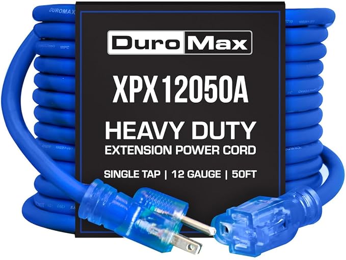 DuroMax XPX12050A Heavy Duty SJEOOW 50-Foot 12 Gauge Blue Single Tap Lighted Extension Power Cord