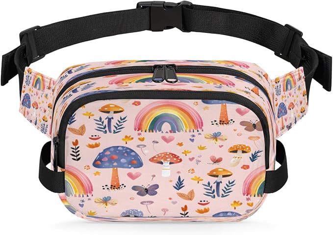 Hand Painted Mushroom Butterfly Flower Waterproof Fanny Pack for Women Men Adjustable Waist Bag with Double Zipper Pockets Lightweight Square Hip Pack for Running Travel Hiking Workout Cycling
