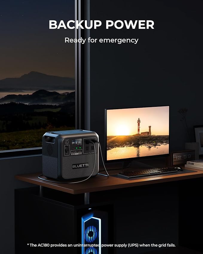 BLUETTI AC180 Portable Power Station 1152Wh Solar Generator w/ 4 1800W (2700W Peak) AC Outlets 0-80% in 45 Min LiFePO4 Battery Backup for Camping (Acid to DC7909 Cable Included)
