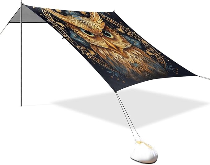 ALAZA Gold Owl Print Boho Beach Tent Sun Shelter UPF50+ Protection Beach Shade Canopy w/ 4 Sandbags for Outdoor Camping Fishing Backyard Fun Picnic 10x9 ft