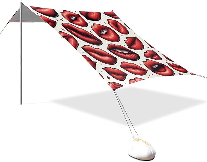 ALAZA Red Lips Polka Dots Beach Tent Sun Shelter UPF50+ Protection Beach Shade Canopy w/ 4 Sandbags for Outdoor Camping Fishing Backyard Fun Picnic 10x9 ft