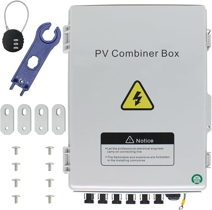 Solar Combiner Box HXH PV Combiner Box 6 String with a 550V 2P 63A DC Circuit Breakers &amp Lightning Arreste for Solar Panels IP 65 Waterproof