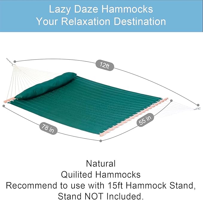 Lazy Daze Hammocks 12 FT Double Quilted Fabric Hammock with Spreader Bar and Detachable Pillow 2 Person Hammock for Outdoor Patio Backyard Poolside 450 LBS Weight Capacity Dark Green