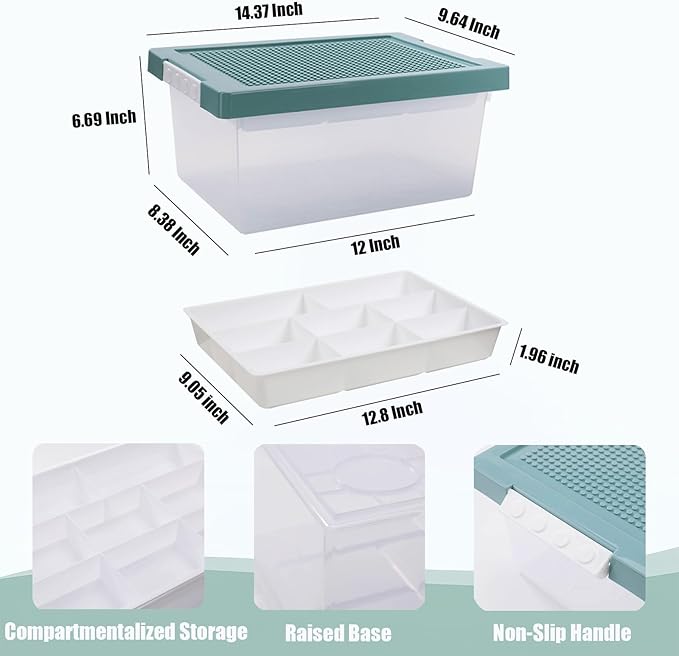 Toy Storage Organizer Bin for Lego Plastic Organizer Box with Removable Tray and Building Baseplate Lid Stackable Building Block Storage Craft Storage Container for Lego Toy Tool Sewing (White)