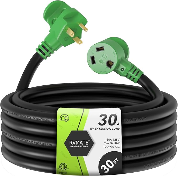RVMATE 30 Amp 30 Feet RV Power Extension Cord with Easy Plug-in Handle TT-30P to TT-30R LED Indicator 10 AWG ETL Listed