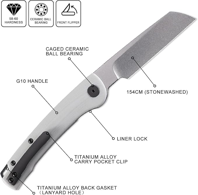 Petrified fish PFE04 Scholar Folding Knife 3.7 154CM Stonewashed Blade3.92 oz G10 Handle Front Flipper Liner lock Pocket Knife for Camping EDC (Stonewashed &amp White G10 Handle)