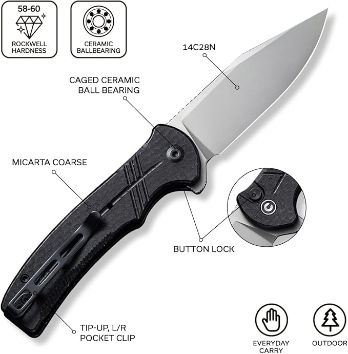 CIVIVI Folding Pocket Knife Button Lock Flipper Cogent Knife 14C28N Blade Black Micarta Handle for Outdoor EDC Camping C20038D-7