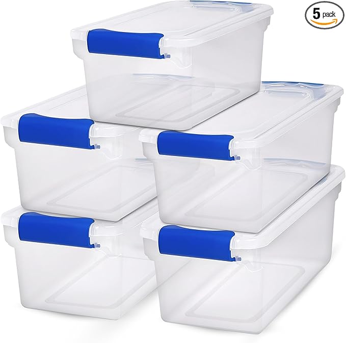 HOMZ 5-Pack Latching Lid Clear Plastic Storage Organizer Bins 7.5 Quart Blue Latch - Stackable Organizing Containers for Home Garage and Office