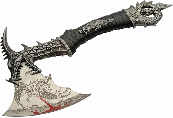 14.5 Underworld Dragon Camping EDC Fantasy Decorative Hatchet Knife Etched Stainless Steel Blade Abs Dragon Shaped Handle Decorative Guard and Pommel with Wooden Stand