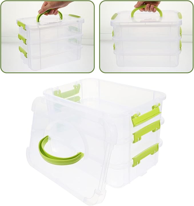 3-Tier Stackable Storage Container Box Handled Organizer Storage Box Stackable Carry Box with Removable Tray Transparent Storage Case Stack Carry Storage Box
