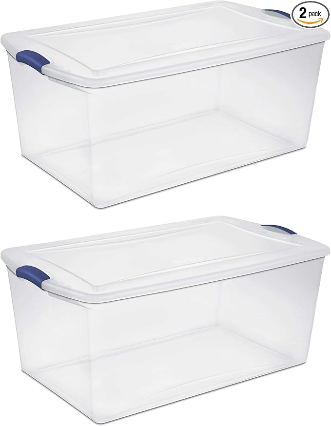(2-PACK) 105 QT Plastic Transparent Storage Box Equipped with a Blue Lock Mechanism Stackable Suitable for Household Items Seasonal Clothing Holiday Decorations and Garage Organization.