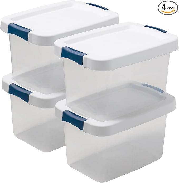 CENTREX CX Cleared Away 19-Quart Medium-Strength Clear Storage Container &amp Latching Lid 4 Pack (10.2”H x 17.1”W x 11.7”D) Stackable Transparent Storage and Organization Tote Plastic Bin
