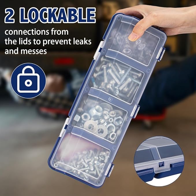 4 Pcs Screw Organizers and Storage Bins Plastic Hardware Organizer Box with Locks with Compartment Bolt Organizer Blue
