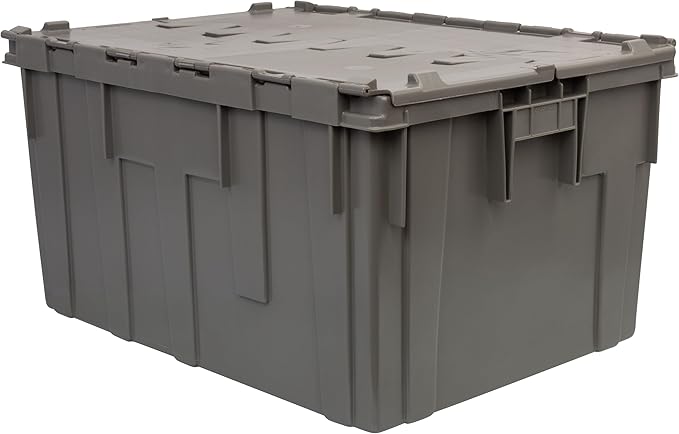 Buckhorn Industrial Lidded Plastic Storage Container Nesting and Stackable Plastic Storage Box with Lid Attached Organization Tote for Transport and Warehouse 27 Gallon Capacity 28x21x15 Gray