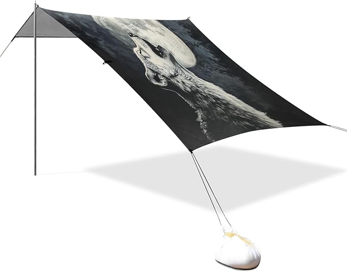 ALAZA Wolf Howling Moon Beach Tent Sun Shelter UPF50+ Protection Beach Shade Canopy w/ 4 Sandbags for Outdoor Camping Fishing Backyard Fun Picnic 10x9 ft