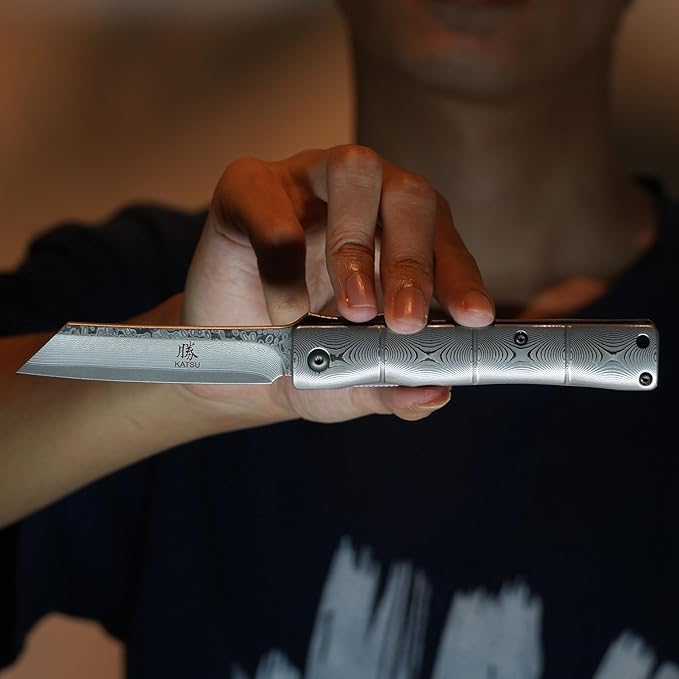 KATSU Handmade Full Damascus Pocket Knife3 Damascus Blade Bamboo Style Men Women Folding Knife with Clip Linner Lock Japanese Razor Work Knife with Leather Sheath Camping Hiking