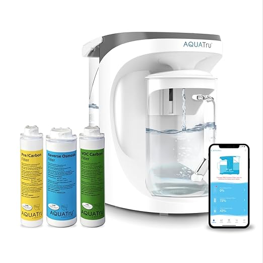 AquaTru Carafe Smart Countertop Water Purifier | App-Connected 4-Stage Reverse Osmosis System with Glass Carafe Removes Forever Chemicals Lead &amp Fluoride | Track Filter Life | No Plumbing