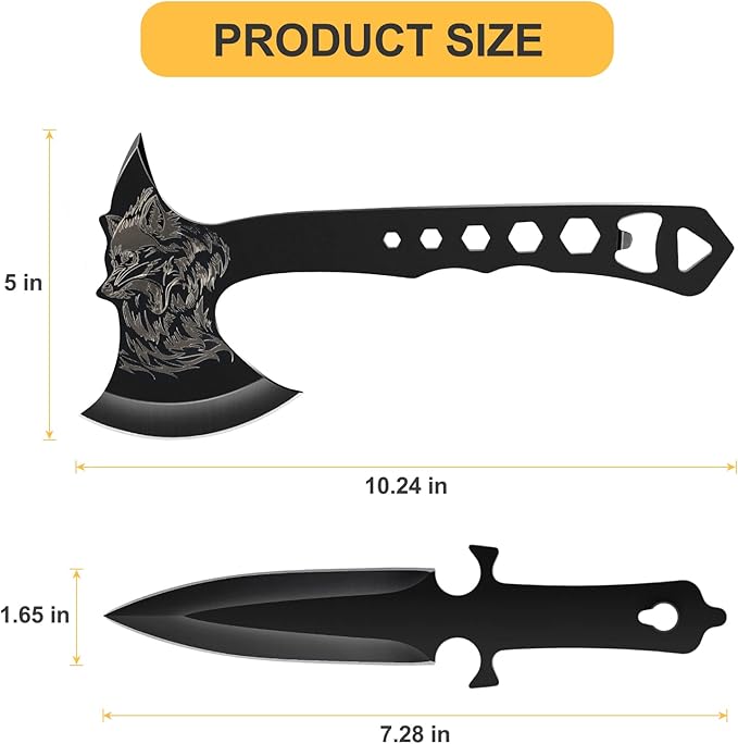 Throwing Knives Throwing Axes and Tomahawks 3 Pack Set with Bottle Opener and Nylon Sheath+ Golf Club Holder Stand Golf Ball Holder Display for 10 Cues
