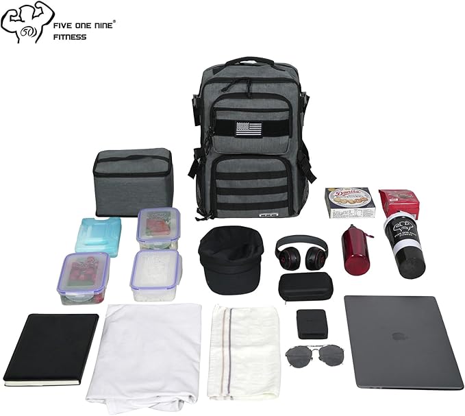 519 Fitness [Tactical All-Around] Modular Meal Prep Backpack - Stealth Grey - Fits 17 Laptop - Removable Meal Part Hydration Bladder 3 Containers 2 Ice Packs &amp US Flag Patch