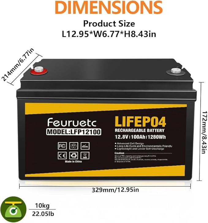 12V 100Ah LiFePO4 Battery - Small RV Battery with 100A BMS 15000+ Deep Cycles Solar Energy Storage Lithium Phosphate Batteries for Home Motor Travel Trailer Camping Off-Grid Power