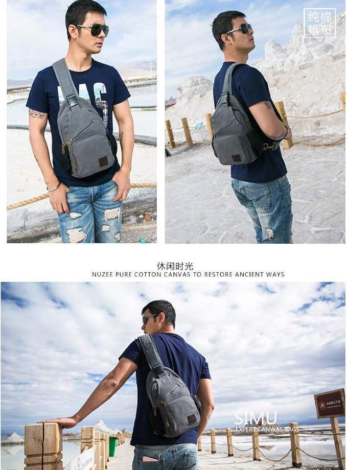 SIMU Sling Bag Pack Canvas Shoulder Sling Backpack Small Crossbody Chest Bag for ipad mini (Large grey)