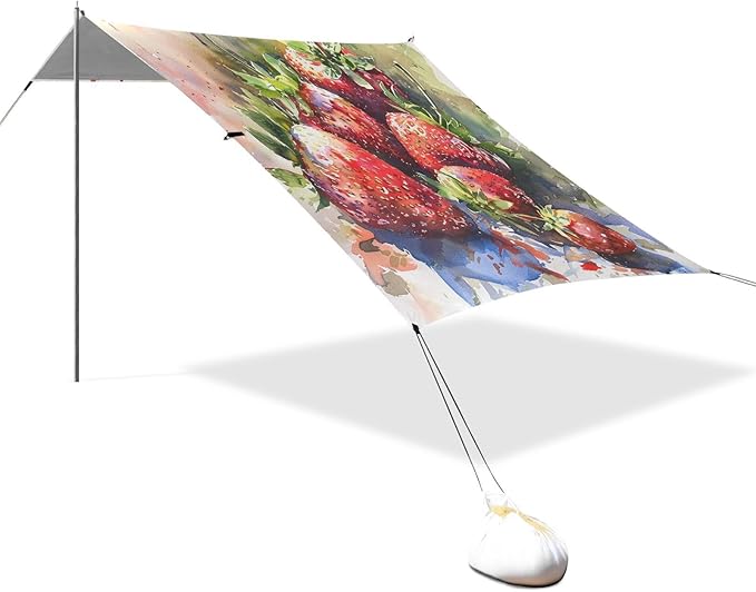 ALAZA Strawberry Watercolour Beach Tent Sun Shelter UPF50+ Protection Beach Shade Canopy w/ 4 Sandbags for Outdoor Camping Fishing Backyard Fun Picnic 10x9 ft
