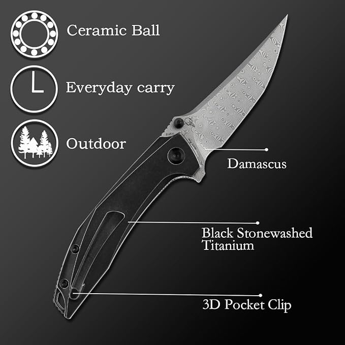 KANSEPT Baku Pocket Folding Knives for Men EDC Camping Folding Knife 3.2'' Damascus Material Outdoor Folding Knives with Black Stonewashed Titanium Handle Everyday Carry K1056A5